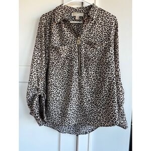 MICHAEL Michael Kors Leopard Print Zipper Front Shirt Blouse Top Womens L